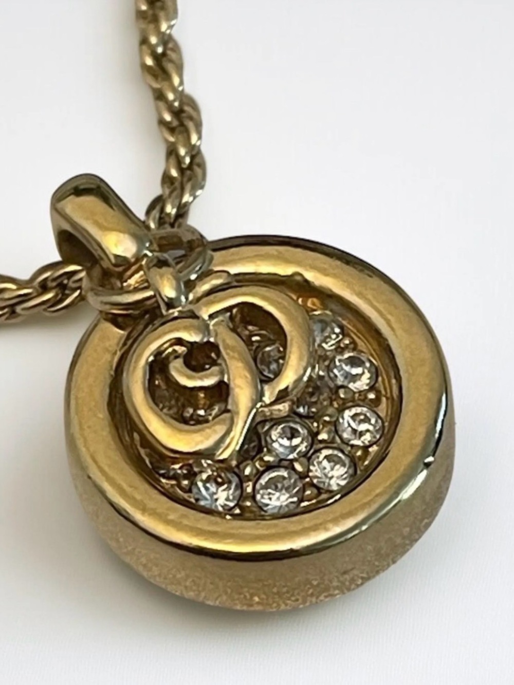 Dior Gold-Tone Double Heart Pendant Necklace with Crystal Disk